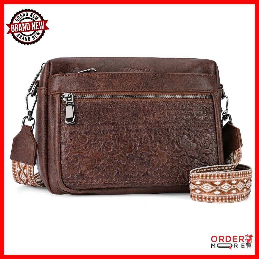 Vegan Leather Crossbody Bag with Embossed Flower Design, Multi-Pocket